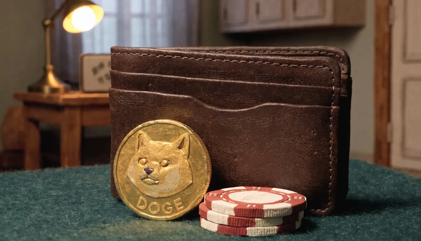 Gold-Dogecoin-Münze auf grünem Filz mit Casino-Chips und Geldbörse auf Holztisch.
