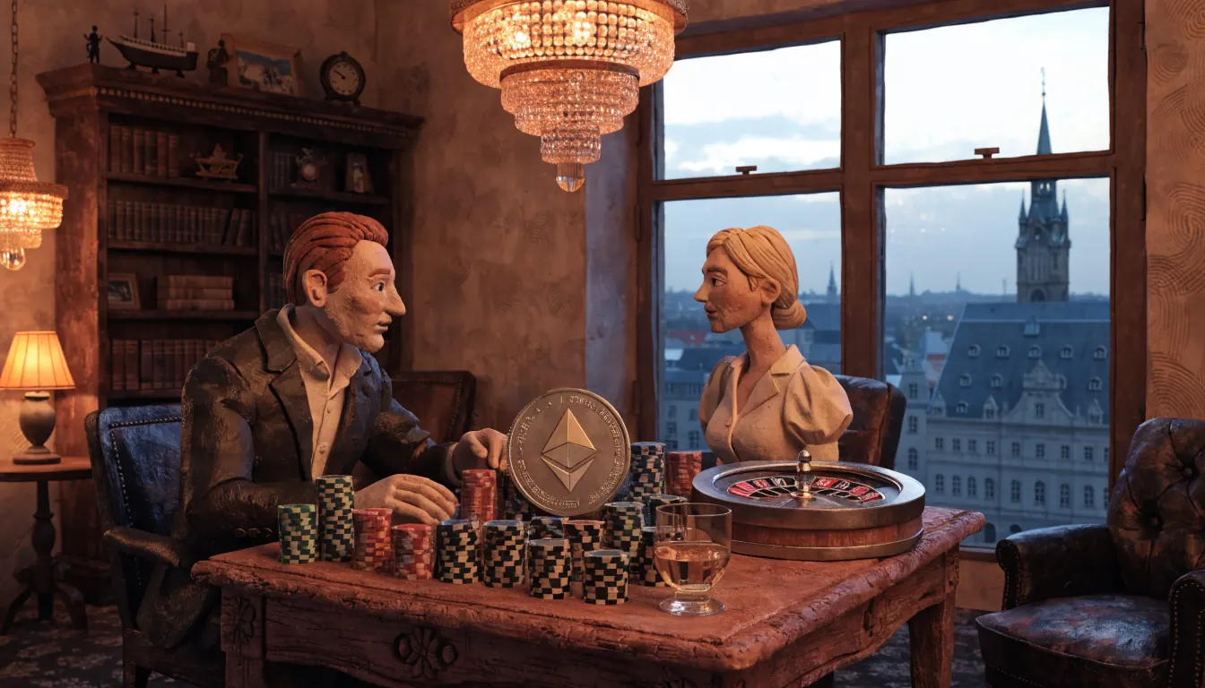 Elegante deutsche Casino-Lounge mit Pokertisch, Roulette und Ethereum-Münze bei warmem Kerzenlicht