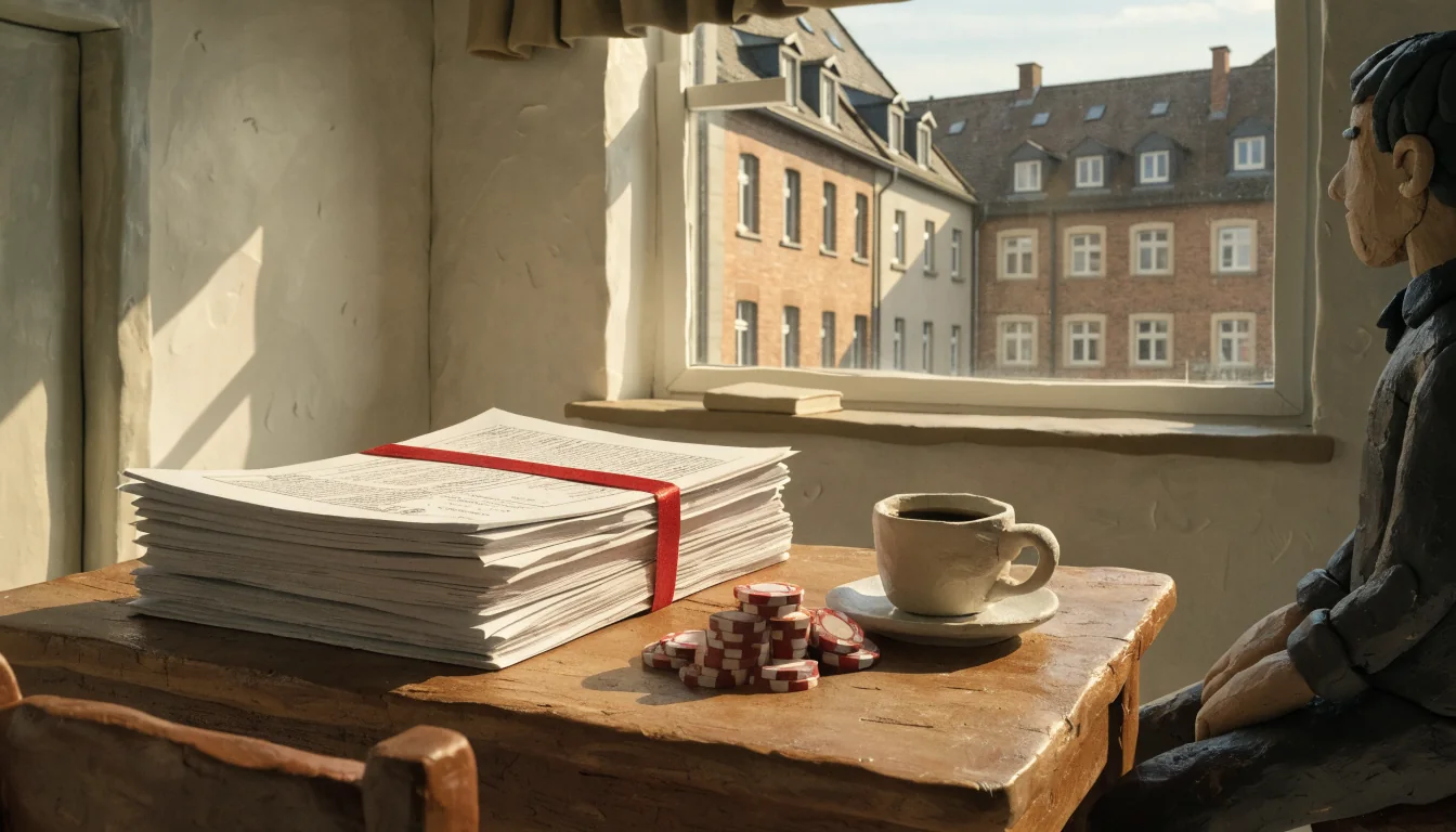 Schreibtisch mit gebundenen Akten, Casino-Spielchips und Kaffeetasse in einer deutschen Wohnung