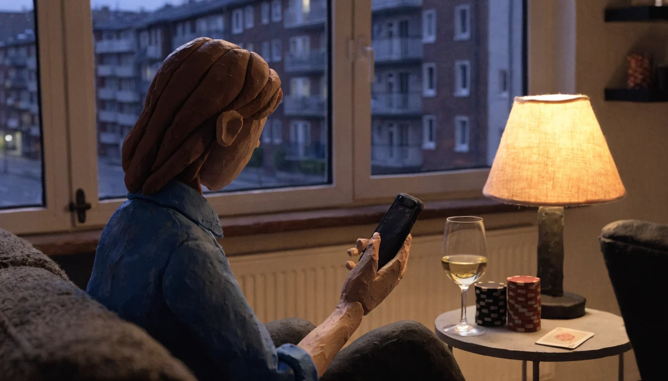 Abendliche Szene in einer deutschen Wohnung mit Smartphone und Casino-Chips