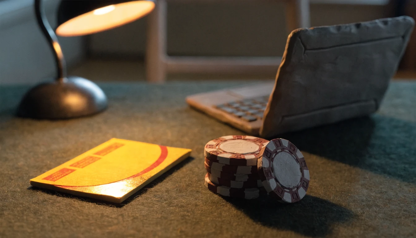Gutscheincode neben Casino-Chips und Laptop auf Filzunterlage