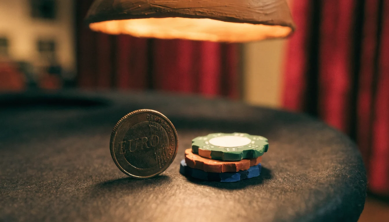 Eine Ein-Euro-Münze neben Casino-Chips auf einem Filz-Spieltisch.