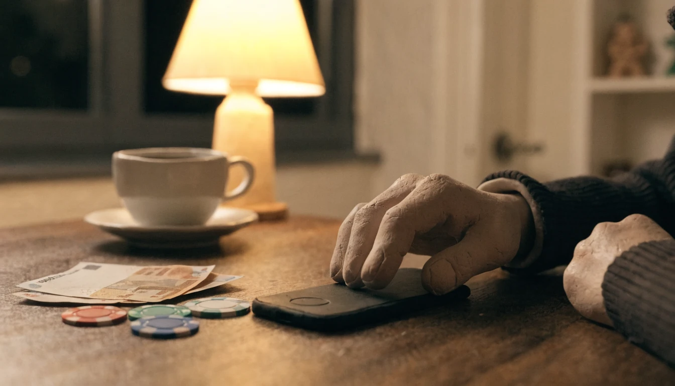 Einige Euro-Scheine und Casino-Chips neben einem Smartphone auf einem Tisch zu Hause.