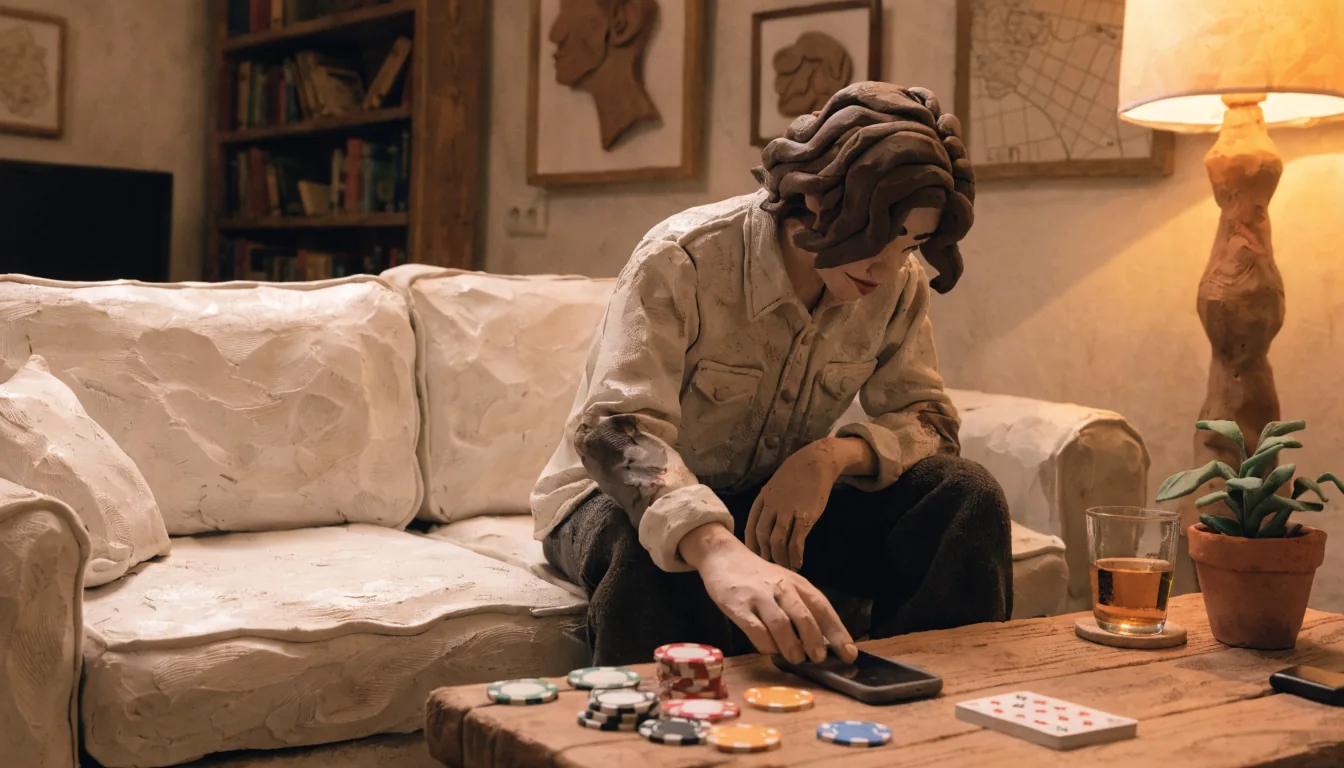 Abendstimmung in deutscher Wohnung mit Spielchips und Smartphone auf dem Tisch