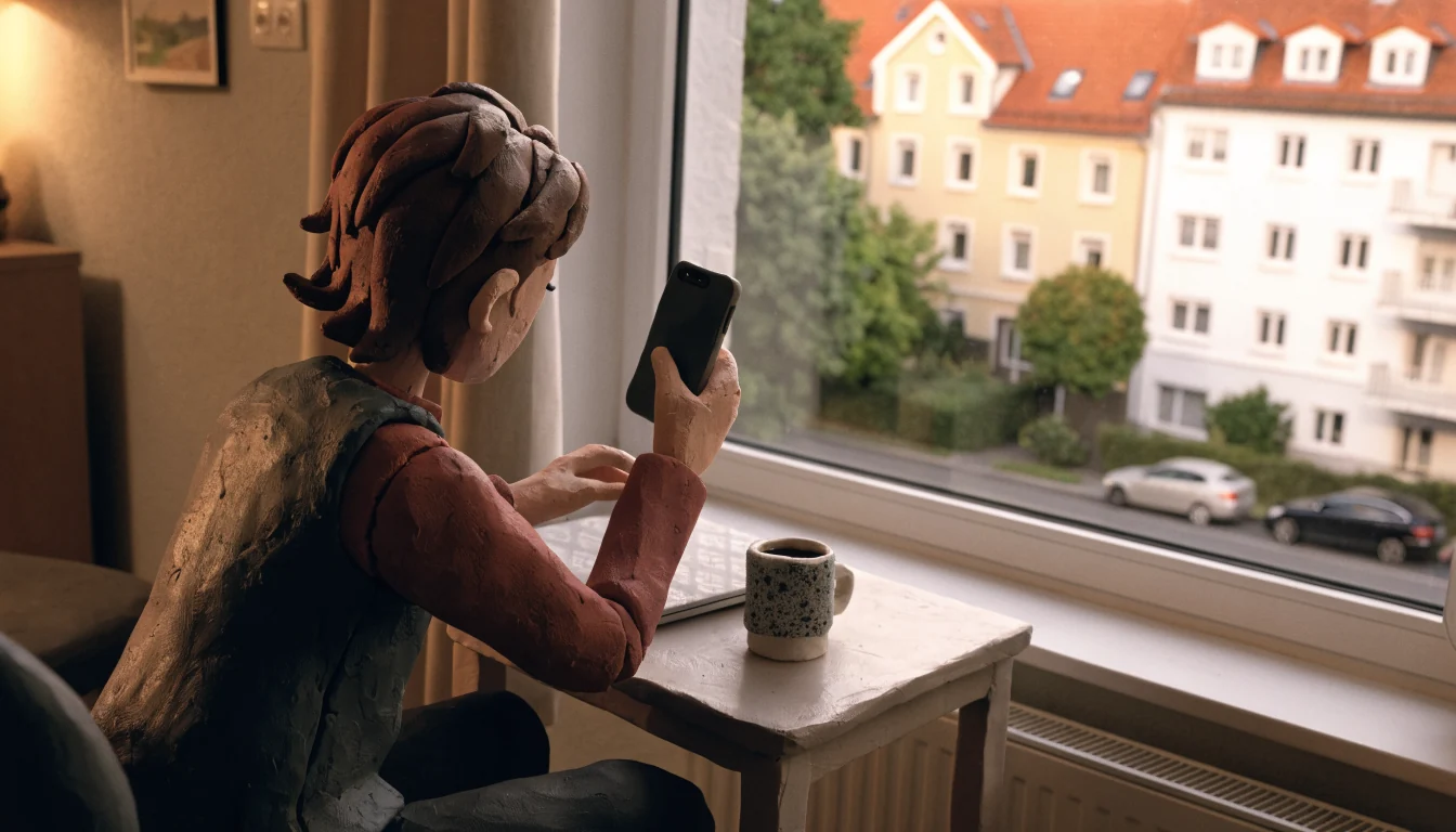Person mit Smartphone in moderner deutscher Wohnung, abends am Tisch