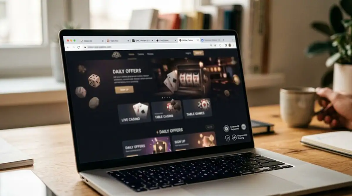 Laptop mit internationalen Casino-Logos und Lizenzsiegeln
