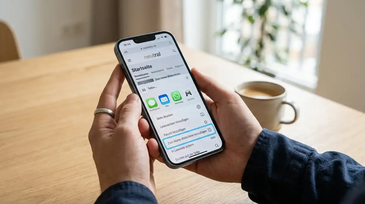 iPhone in Hand zeigt Safari-Teilen-Menü mit Zum Home-Bildschirm hinzufügen-Option