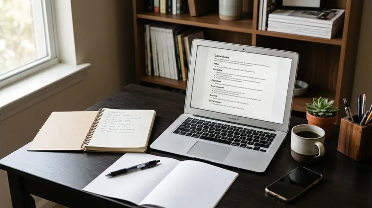 Handschriftliche Prüfliste neben neutralem Laptop mit Spielregeln