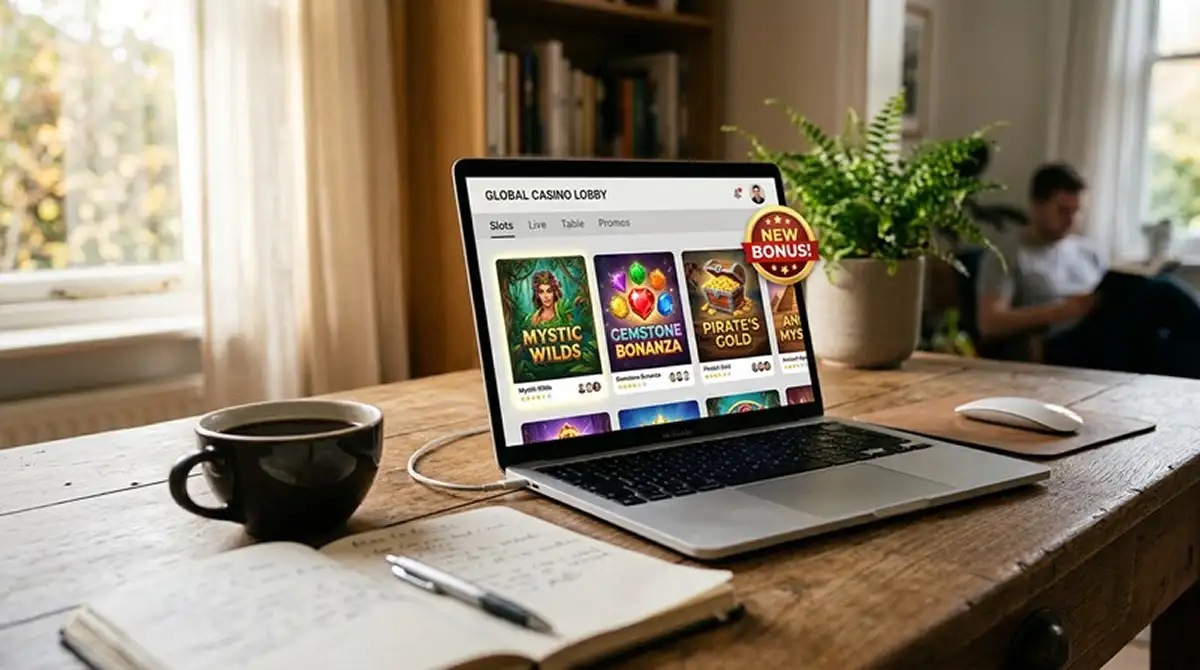 Laptop mit neutraler Casino-Lobby und Bonus-Hinweis