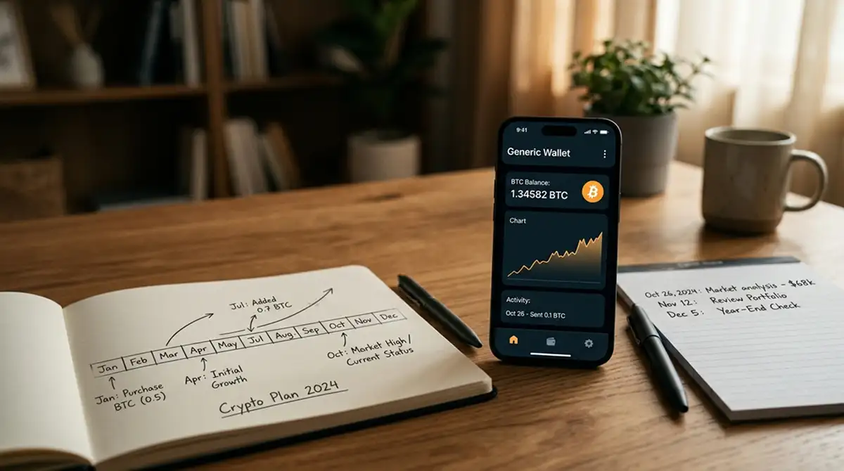 Smartphone zeigt Krypto-Wallet mit Bitcoin-Symbol und Zeitstrahl-Diagramm