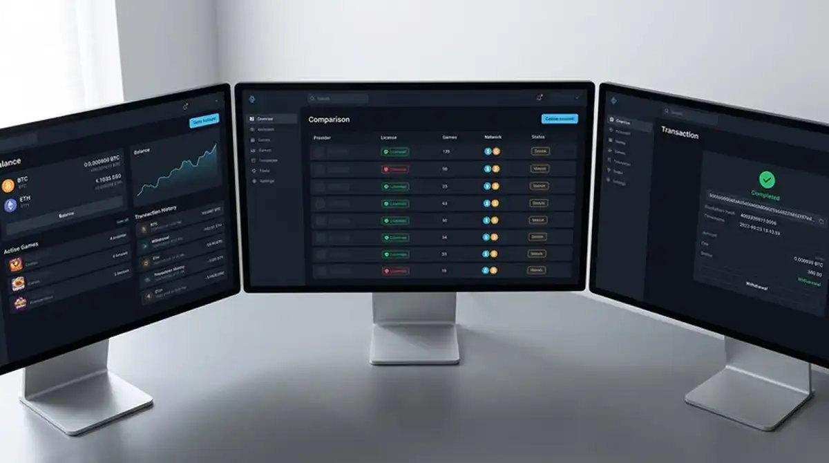 Übersicht mehrerer Krypto-Casino-Oberflächen mit Bitcoin- und Ethereum-Guthaben