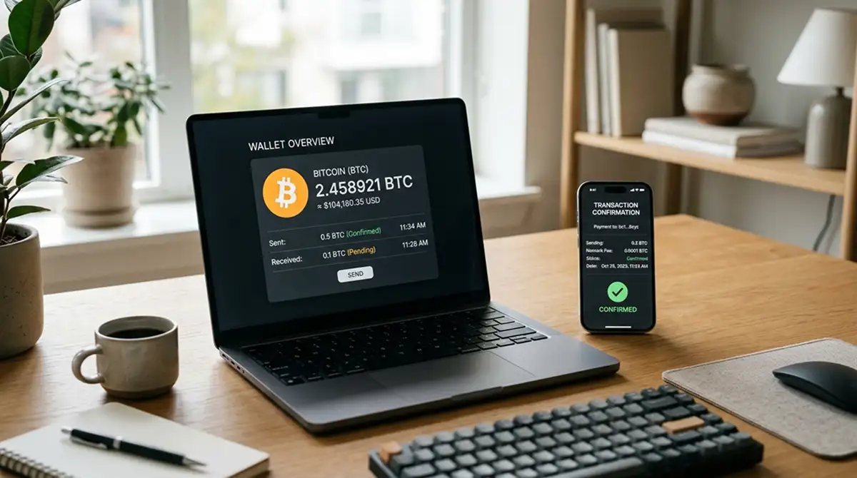 Bitcoin-Symbol und Laptop mit Krypto-Wallet-Interface