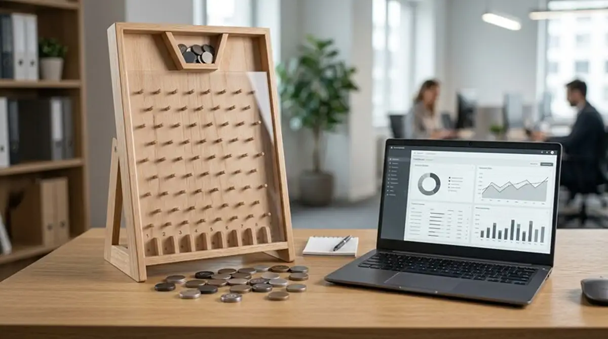 Neutrale digitale Zahlungsübersicht mit abstrakten Tokens neben einem Plinko-Spielbrett