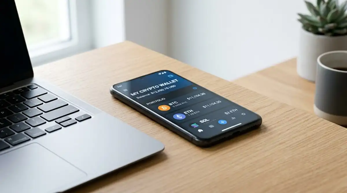 Smartphone mit Bitcoin-Wallet-App neben Laptop