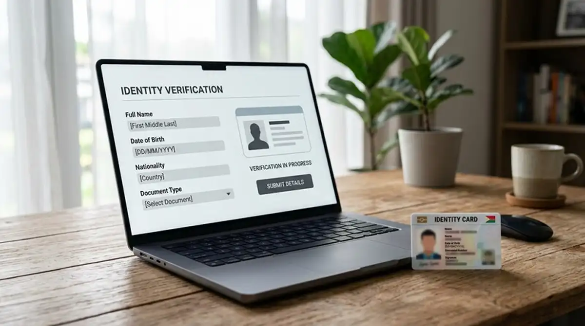 Laptopbildschirm mit einem Verifizierungsformular, daneben Ausweis mit unkenntlich gemachten persönlichen Daten auf dem Schreibtisch