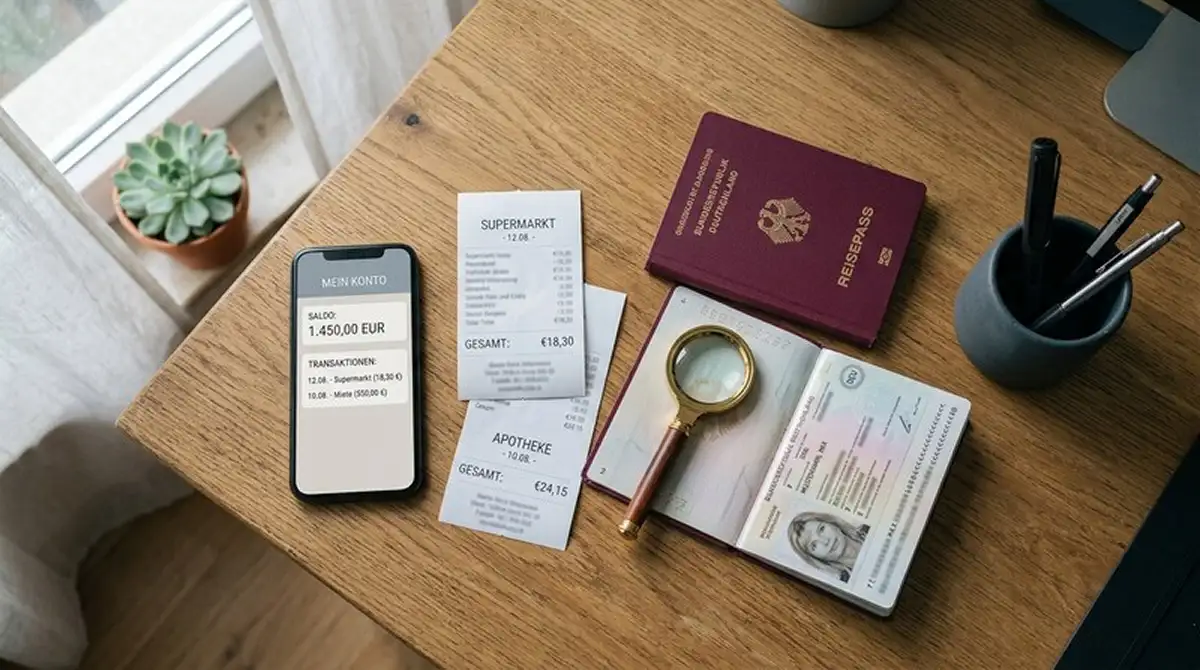 Smartphone zeigt eine Online-Banking-App, daneben Belege und ein Ausweis auf einem aufgeräumten Schreibtisch