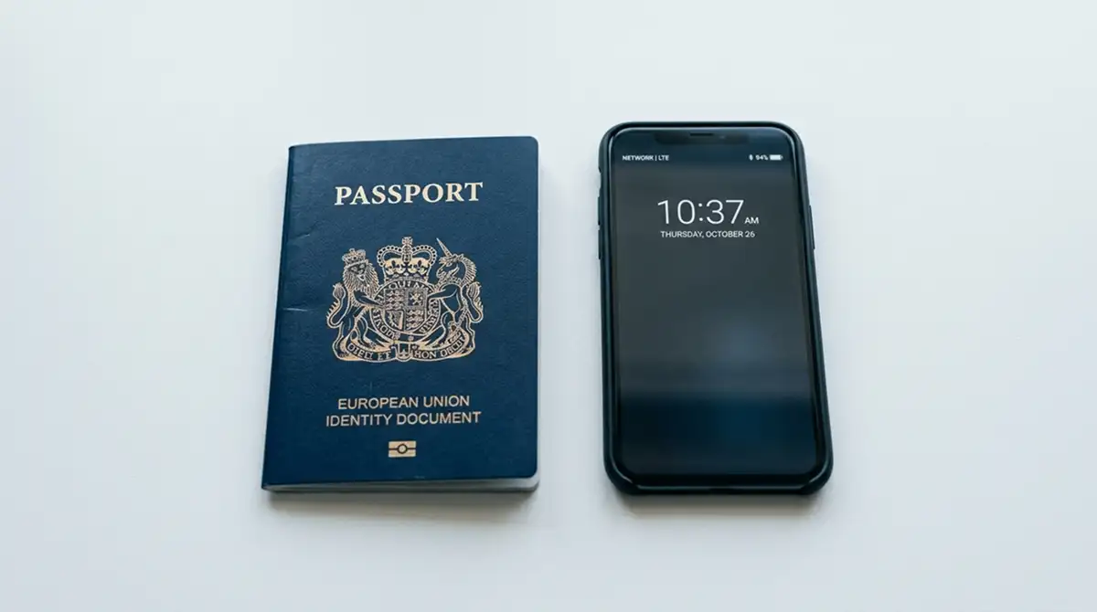 Neutraler Reisepass und Smartphone auf weißer Oberfläche