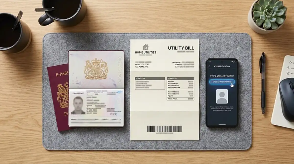 Schreibtisch mit KYC-Dokumenten und Smartphone für Upload