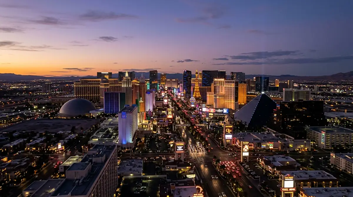 Nächtlicher Las Vegas Strip mit Casinos und Leuchtreklamen aus der Ferne