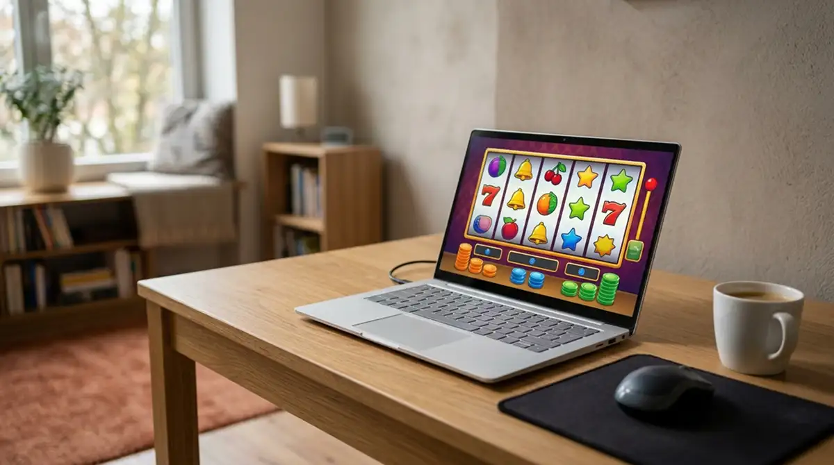 Laptop mit kostenlosem Demo-Modus eines neutralen Spielautomaten
