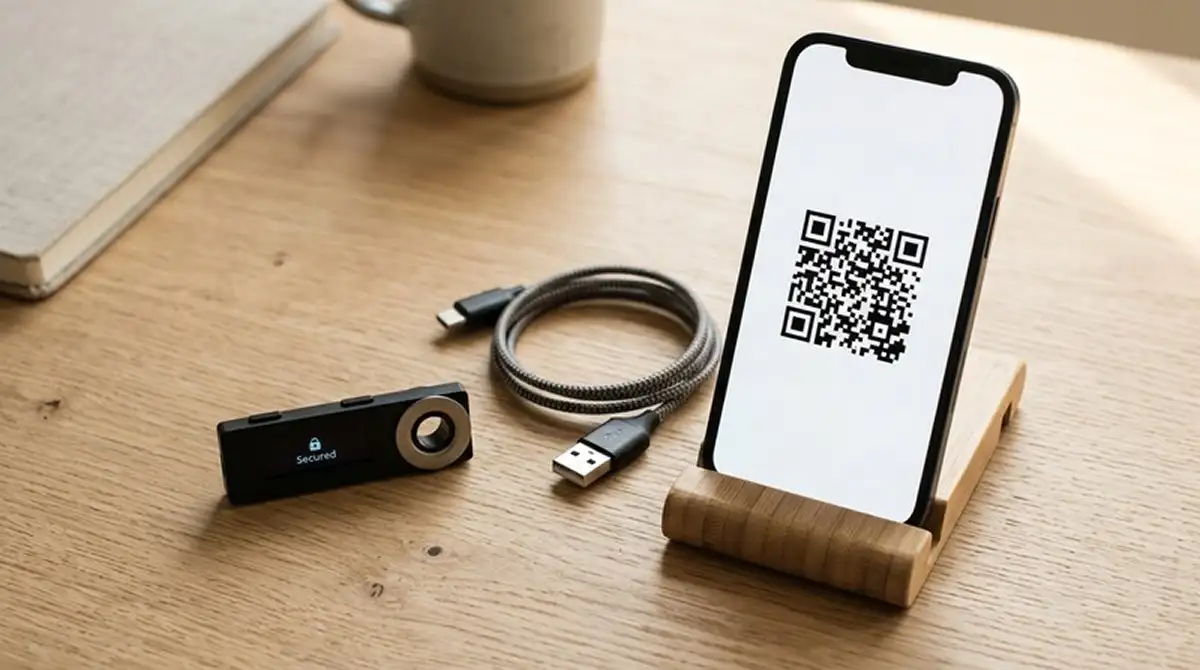 Hardware-Wallet und Smartphone mit QR-Code für eine Litecoin-Einzahlung