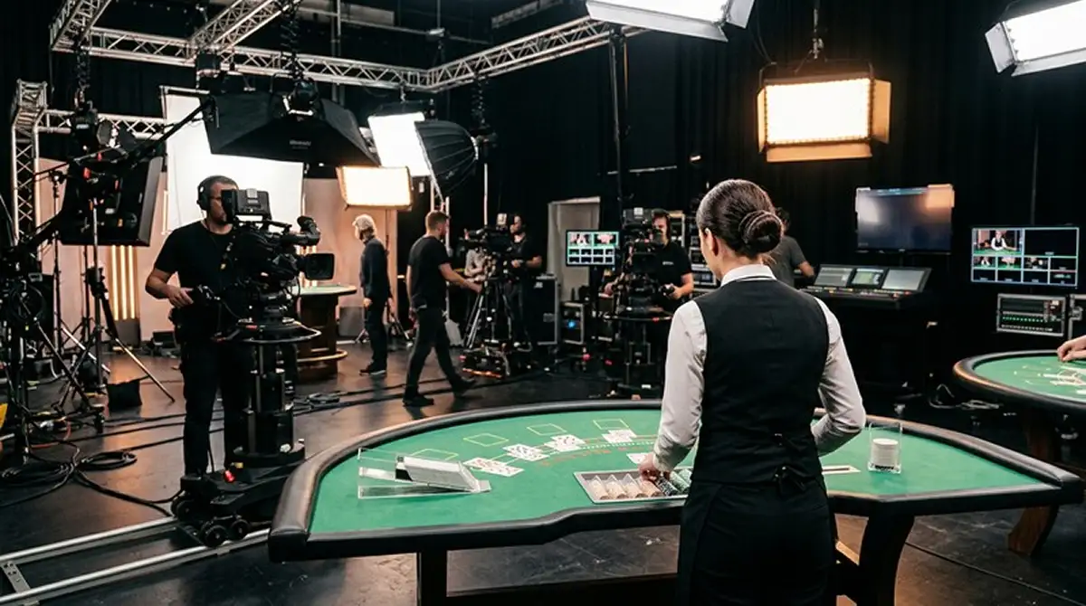 Live-Casino-Tisch mit Croupier und Kamera-Setup im Studio