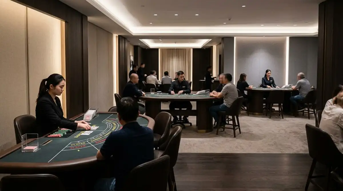 Live-Croupier-Studio mit drei neutralen Baccarat-Tischansichten