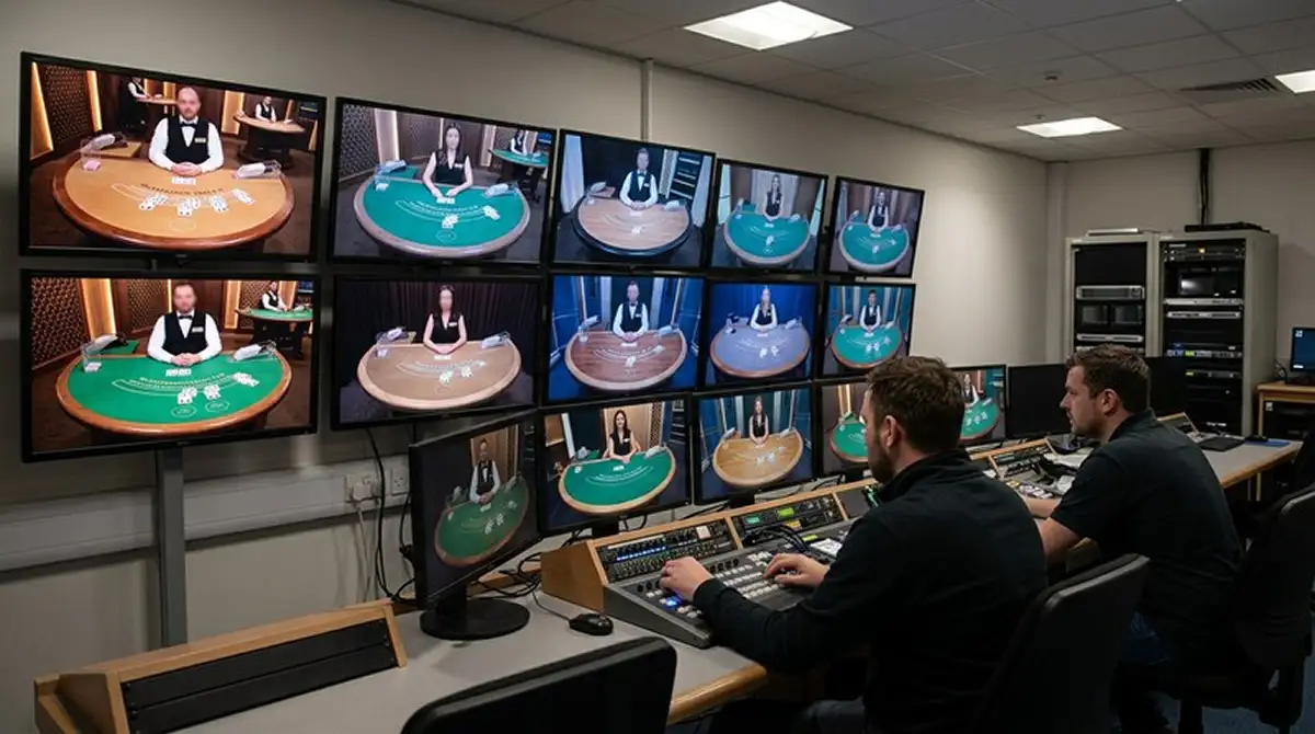 Mehrere neutrale Live-Blackjack-Studios auf Bildschirmen ohne Markenkennzeichen