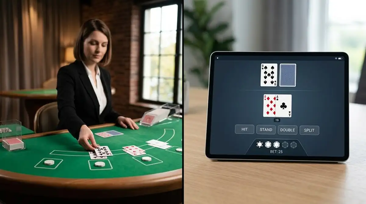 Geteilte Darstellung eines echten Studiotisches und eines neutralen virtuellen Blackjack-Spiels