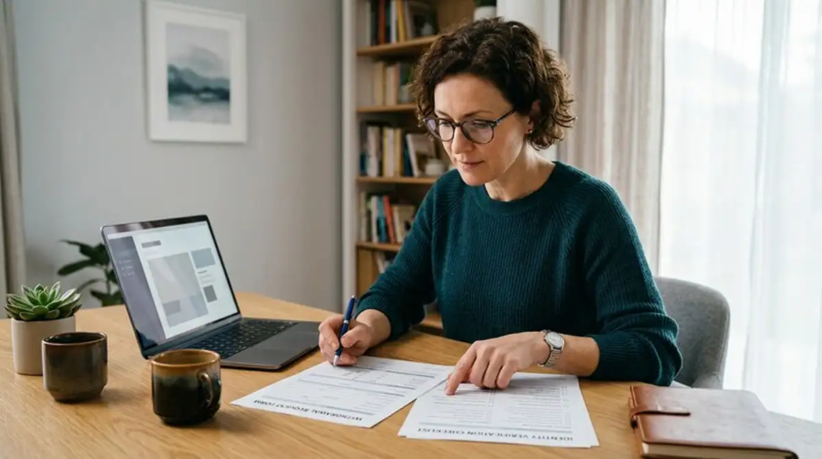 Person mit Stift und neutralem Auszahlungsformular an einem aufgeräumten Schreibtisch