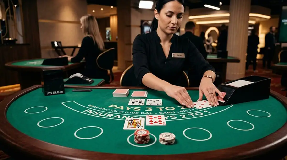 Live-Dealer an einem Casino Hold'em Tisch mit Karten und Gemeinschaftskarten