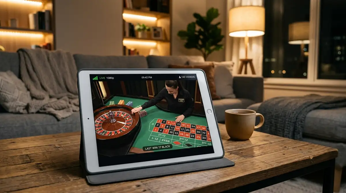 Tablet zeigt Live-Casino-Tisch mit Dealer von hinten, Roulette-Rad im Frame, Streaming-Anzeigen