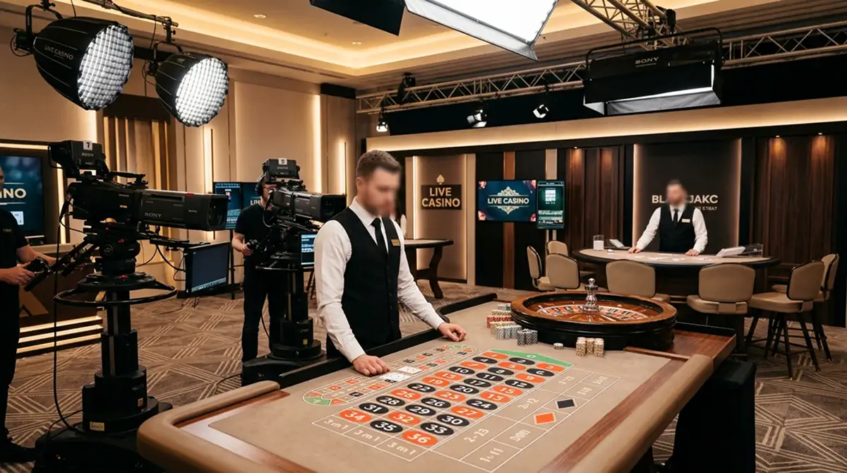 Live-Casino-Tisch mit Croupier und Roulette-Rad im Studio