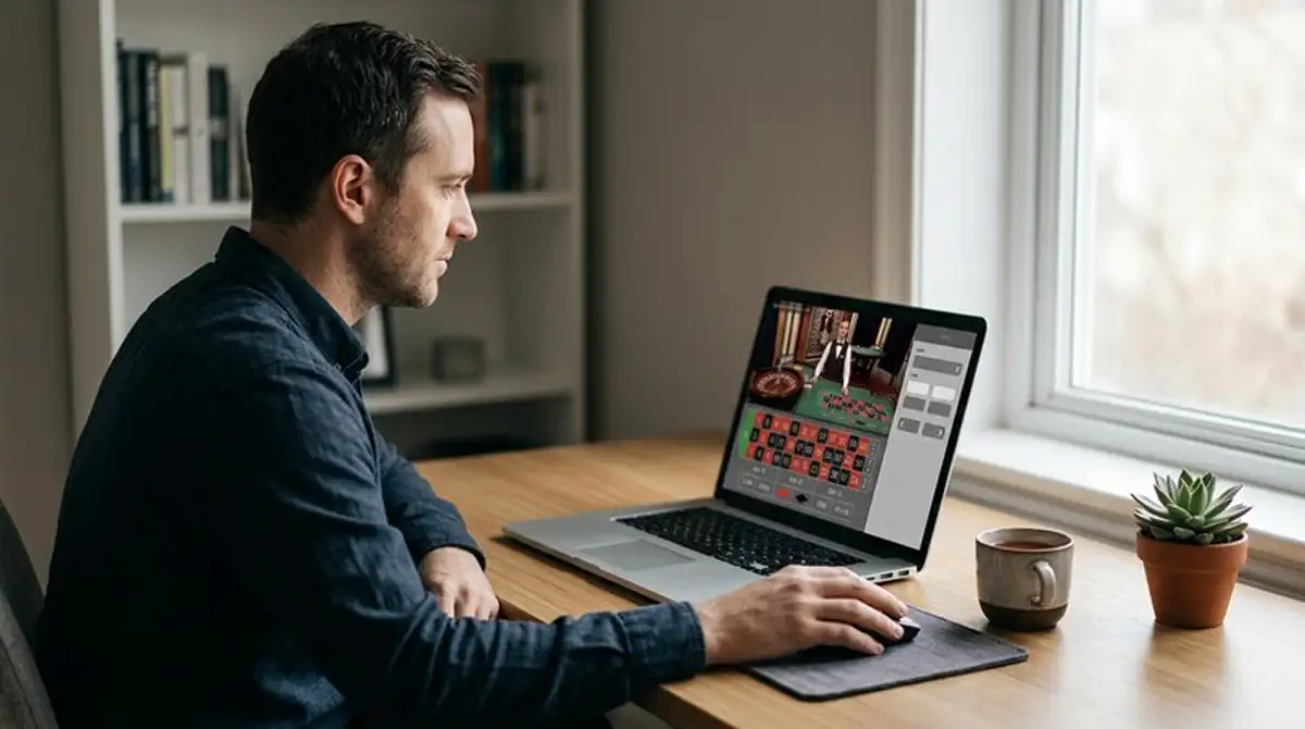 Person prüft neutrale Roulette-Tischinformationen auf einem Laptop