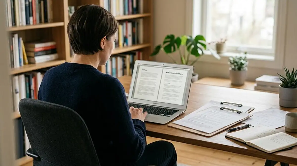 Person prüft Lizenzangaben und Auszahlungsbedingungen an einem neutralen Laptop