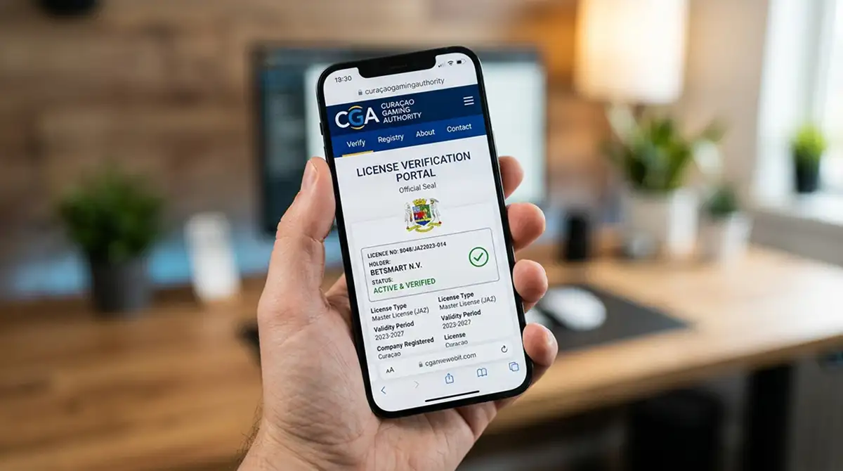 Hand hält Smartphone mit Lizenzprüfung auf CGA-Portal