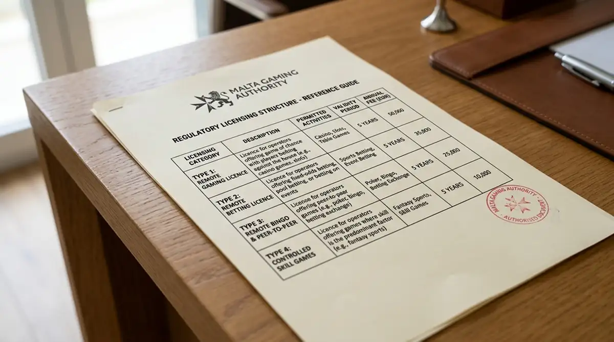 Offizielles Dokument mit maltesischem Behördenstempel und Lizenzarten