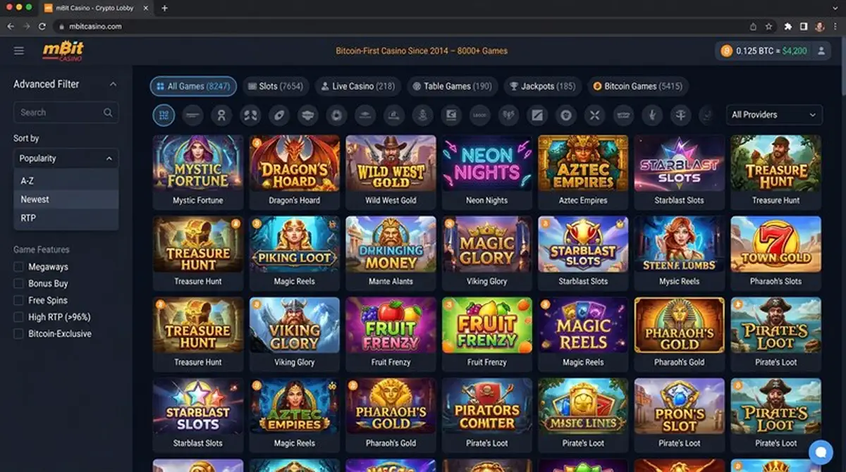 mBit Casino Spielehalle mit über 8000 Spielautomaten und Filterleiste