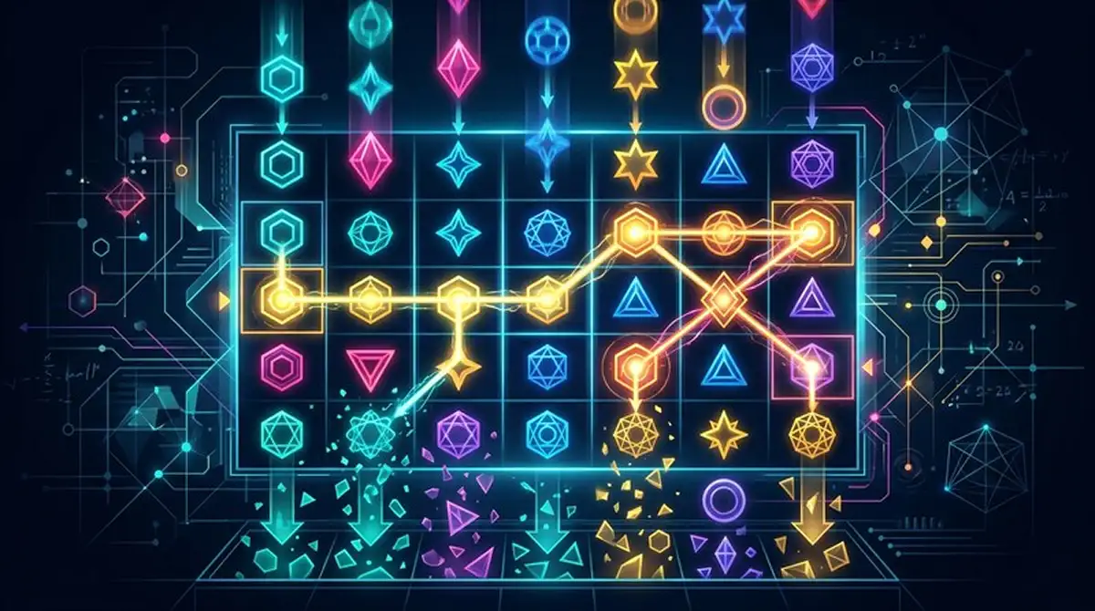 Abstrakte Darstellung von Slot-Mechaniken mit kaskadierenden Symbolen