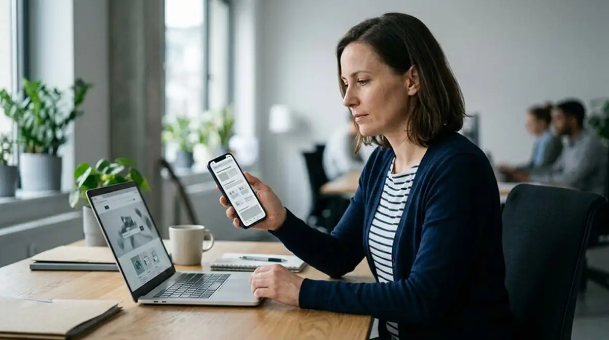 Person prüft eine neutrale Lizenzseite und Spielinformation auf einem Smartphone