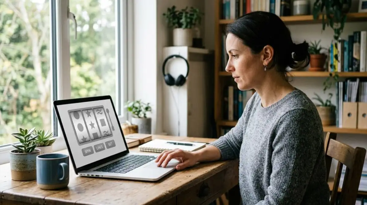 Person testet einen neutralen Demomodus für Spielautomaten auf einem Laptop