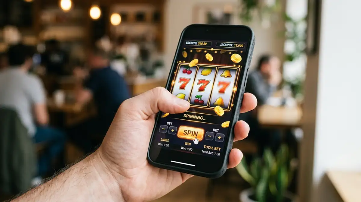 Smartphone in Hand mit laufendem Merkur-Slot auf Touchscreen-Interface