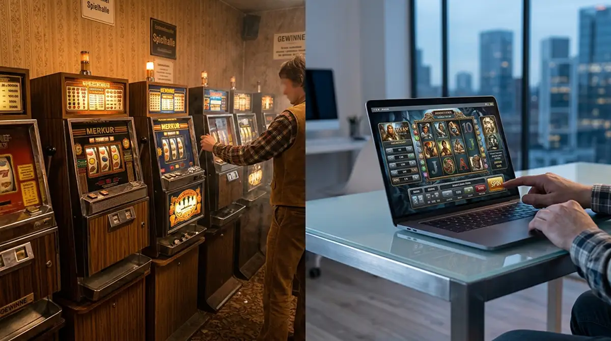 Historische Spielhalle mit klassischen Merkur-Automaten und modernem Online-Interface im Vergleich