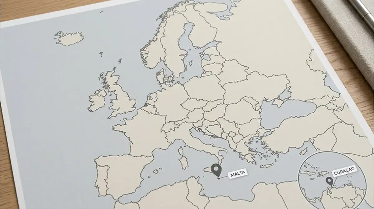 Europakarte mit markierten Standorten Malta und Curaçao als Lizenzstandorte