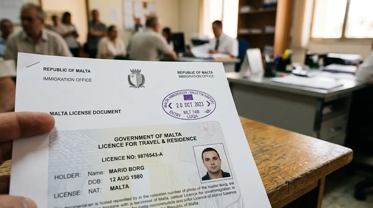 Symbolischer EU-Pass-Stempel neben einer Malta-Lizenz-Urkunde auf einem Schreibtisch