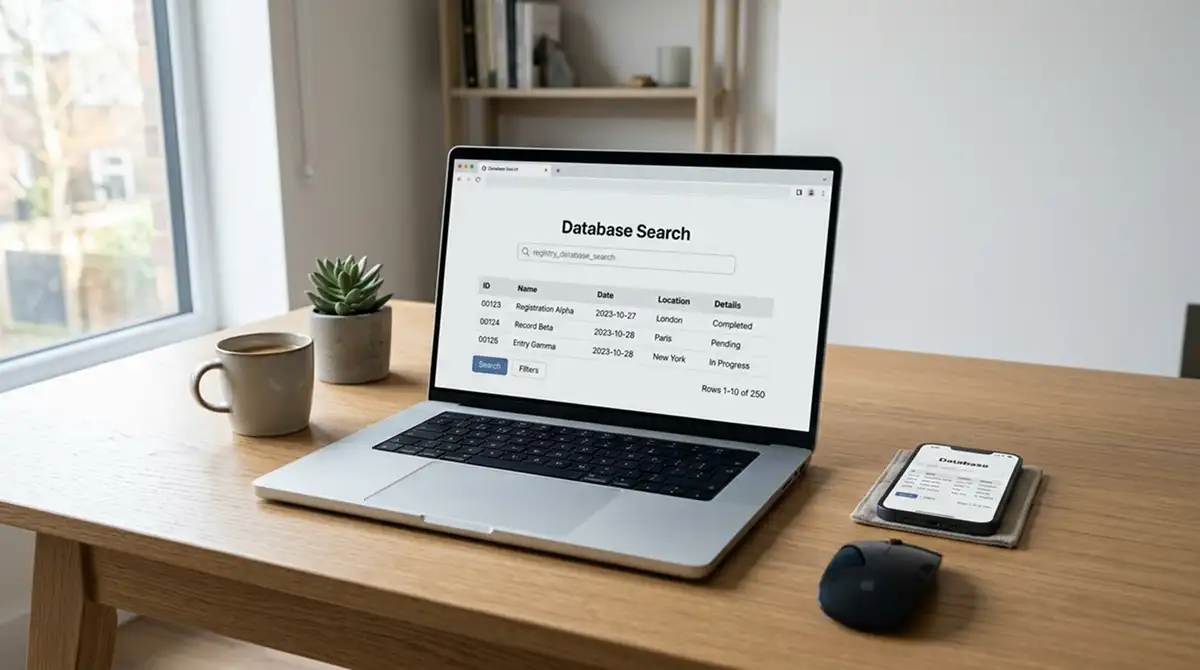 Laptop mit geöffnetem MGA Licensee Register und URL Checker Oberfläche