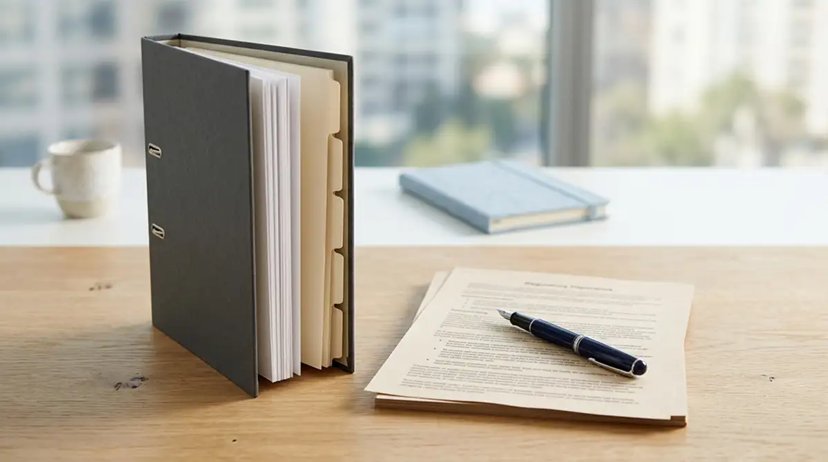 Aktenordner mit europäischen Aufsichtsunterlagen auf einem aufgeräumten Bürotisch