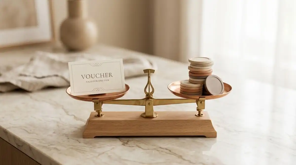 Waage mit 20 Euro Voucher und Spielchips als Symbol für Bonus-Vergleich
