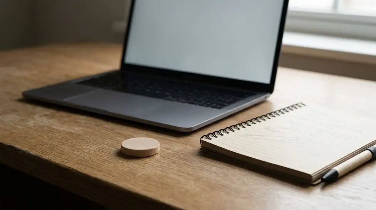 Einzelne Spielmarke neben einem Laptop als Hinweis auf die Mindesteinzahlung von einem Euro
