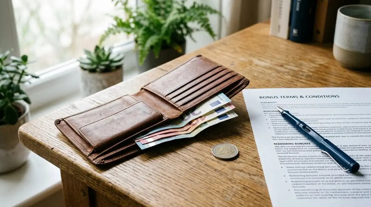 Offene Brieftasche mit Euro-Banknoten neben Bonus-AGB